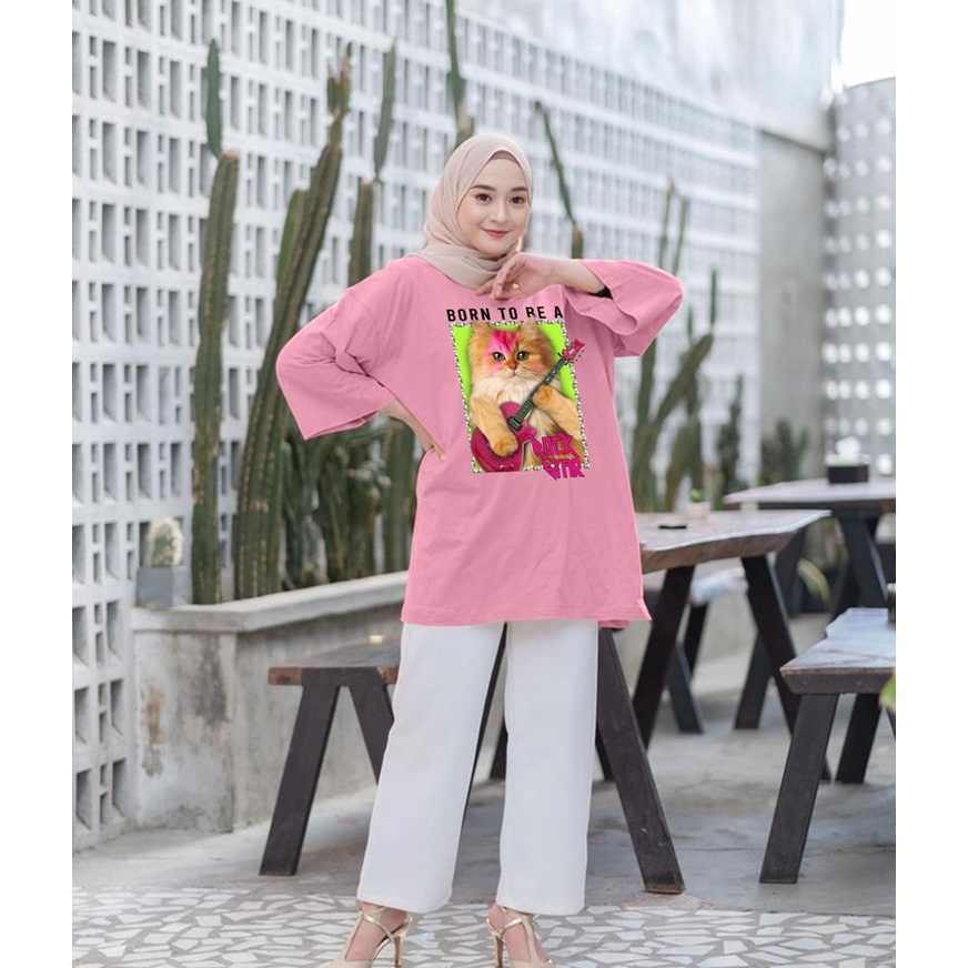 KAOS OVERSIZE TOP HIJAB WANITA BASIC DTF KUCING GITAR / OVERSIZE SLIT BLOUSE GAMBAR DTF / DIGITAL PRINT