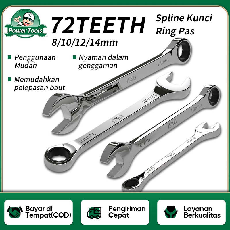 ISKU Chrome Vanadium Gagang Ring Ratchet Wrench Kunci Ring Pas Set 8mm 10mm 12mm 14mm Kunci Ring Pas Rachet 14mm/72gigi Kunci Ring Pas Rachet