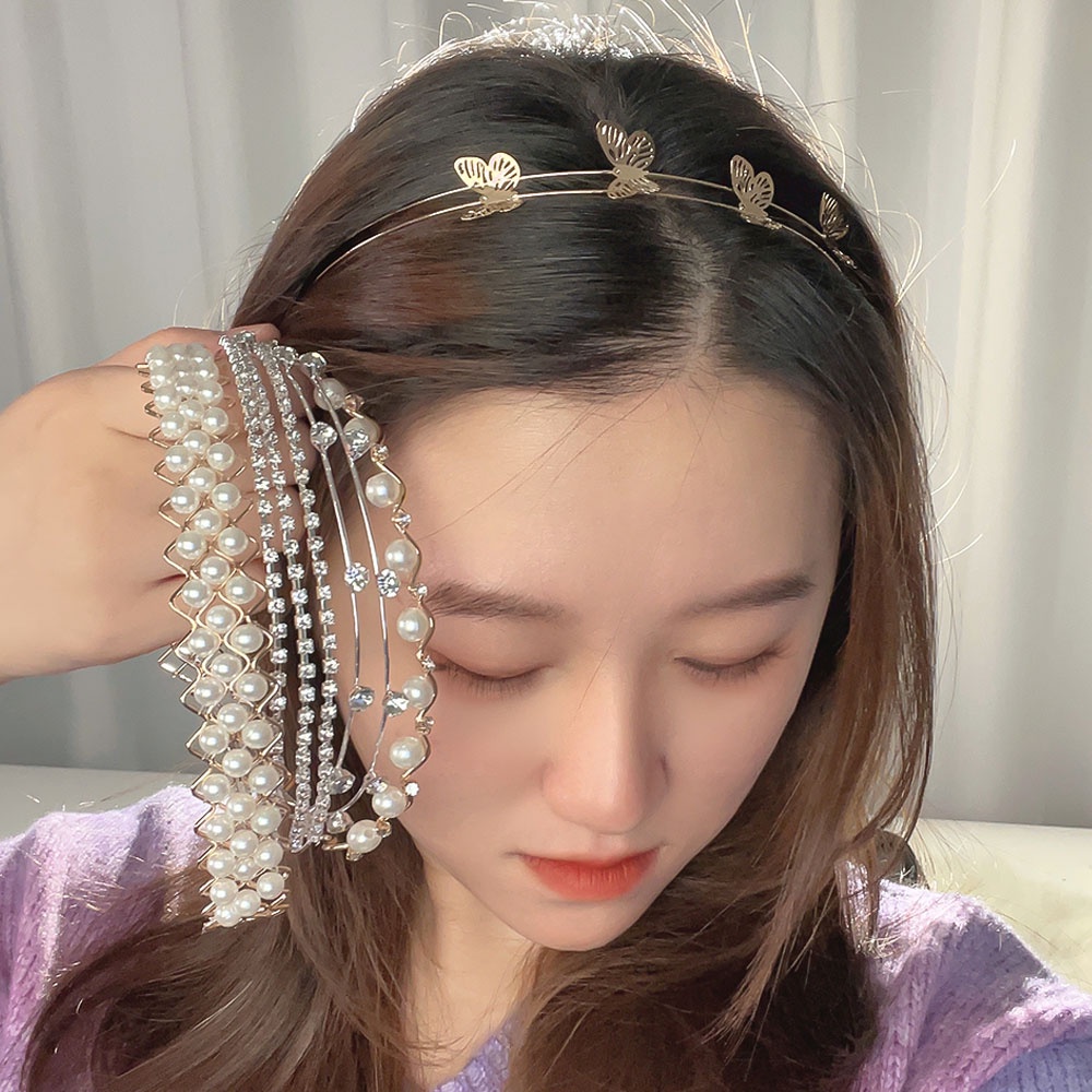 Wanita Berlian Imitasi Kristal Bando Gadis Elegan Korea Mutiara Non-slip Rambut Hoop Harian Sederhana Elegan Aksesoris Rambut