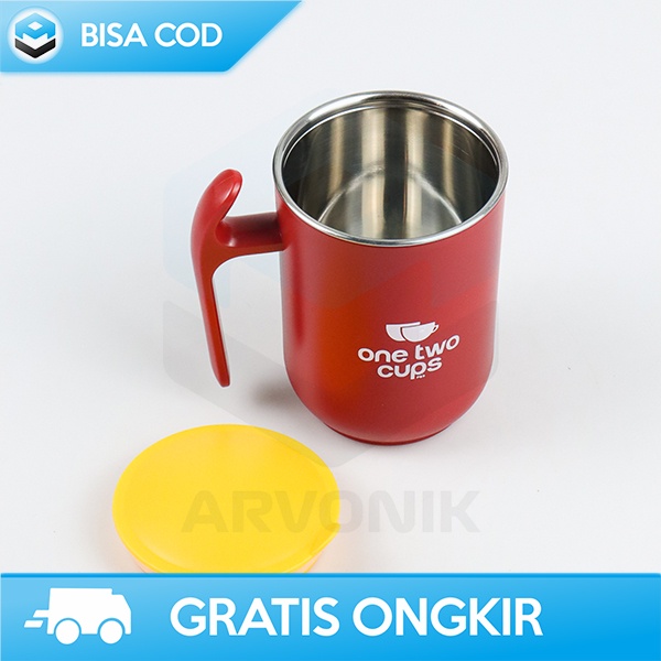 GELAS KOPI DENGAN GAGANG CANGKIR KOPI+TUTUP RAPAT ONETWOCUPS STAINLESS