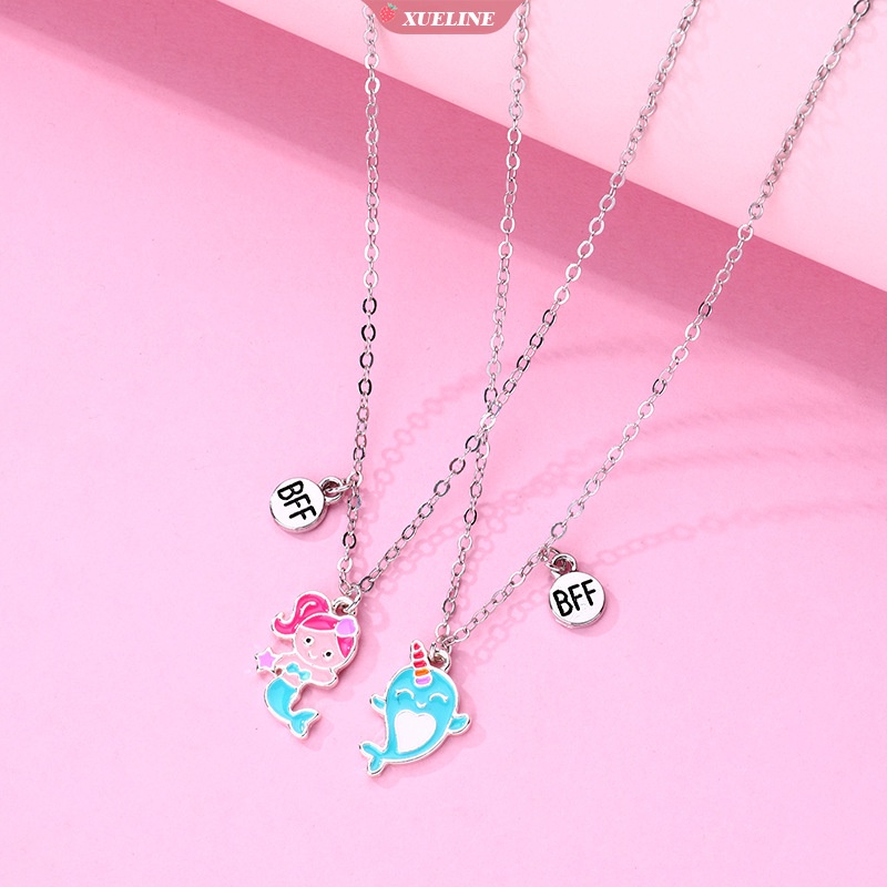 2 Pcs/Set Kartun mermaid dolphin Bentuk Liontin Rantai Sahabat Kalung BFF Persahabatan Perhiasan Anak Perempuan Hadiah [ZXL]