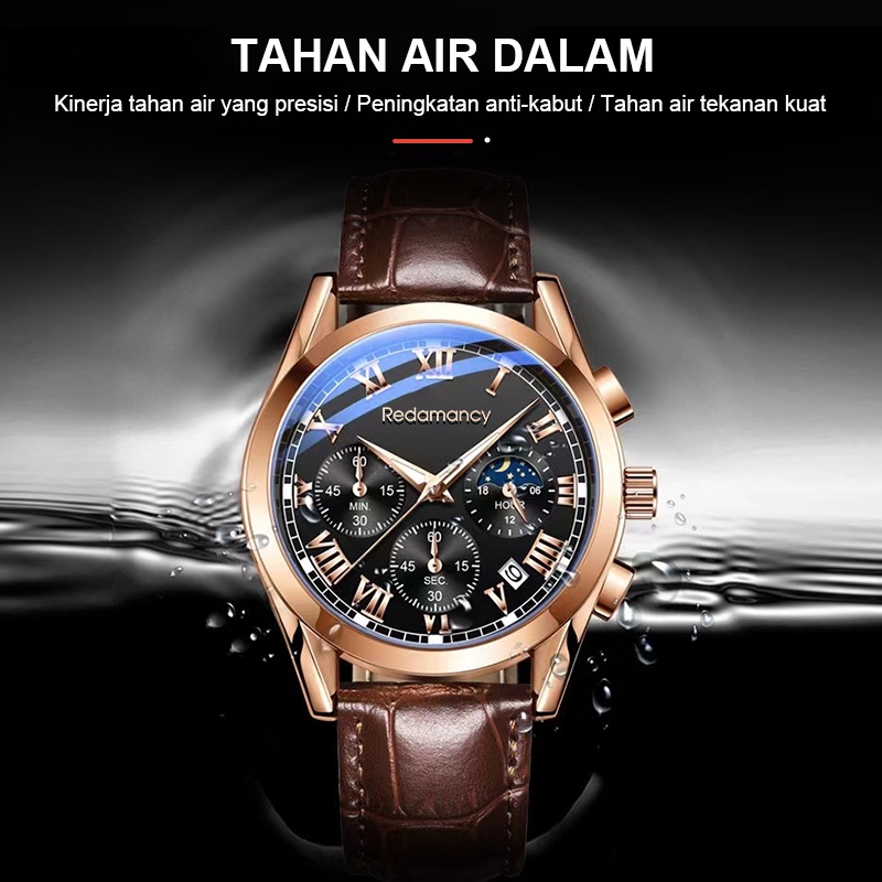 Redamancy Jam Tangan Pria Original Anti Air Kulit Tahan  Hitam Coklat Luxury Chronograph Watch Men Multifungsi