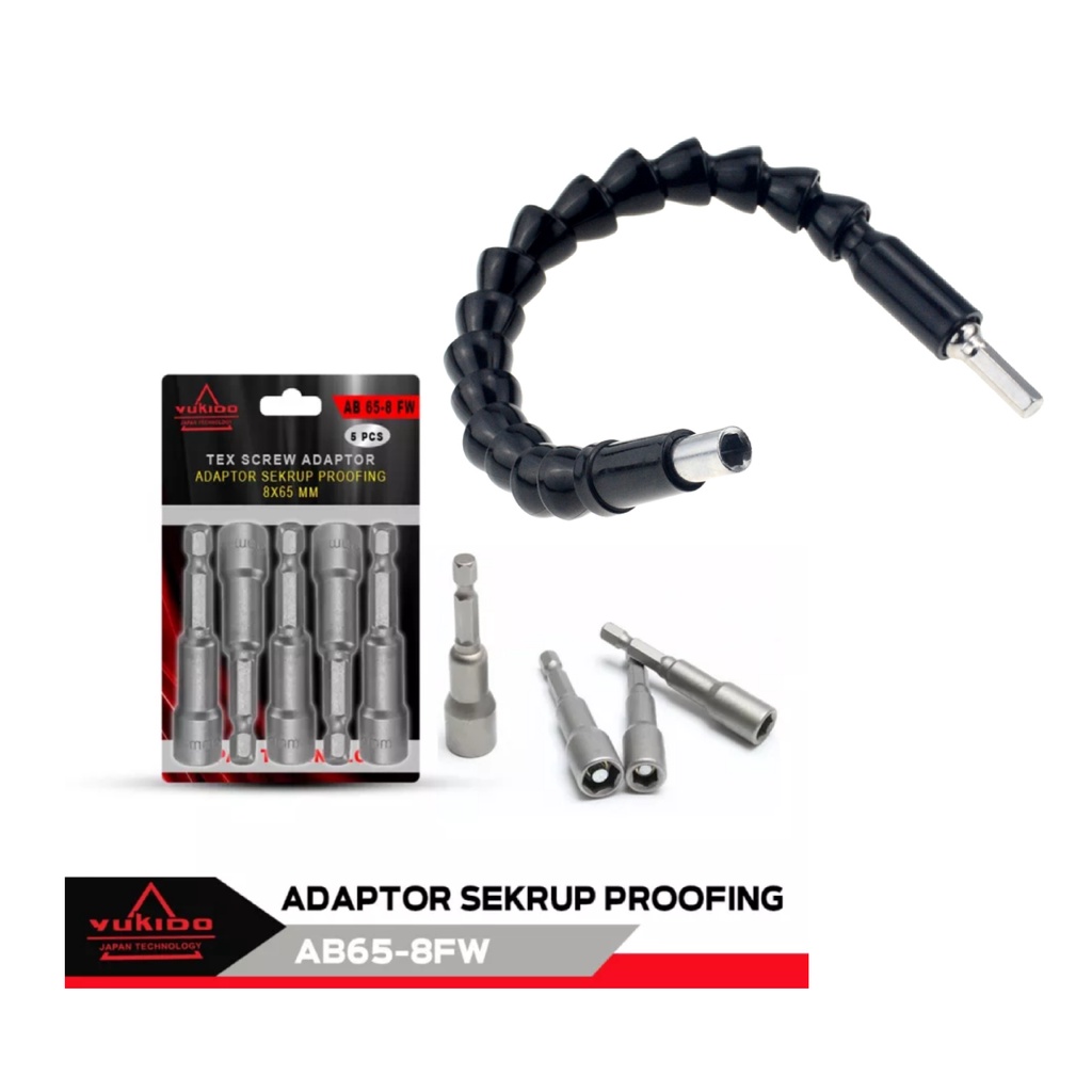 YUKIDO 5Pcs Mata Bor Roofing 8 x 65 mm HDT Magnetic Nut Setter Baja Ringan&amp;Adaptor Bor Obeng L Angle + Kabel Ekstensi Fleksibel Shaft Obeng Cordless Screwdriver TERMURAH