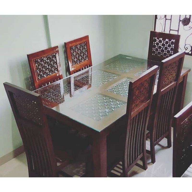 meja makan bunga seribu kayu jati + kaca