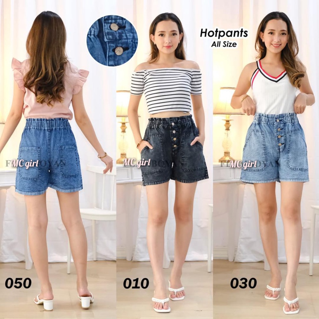 MC girl - Hot Pants Kancing 4 / Hotpants Jeans Highwaist Pinggang Karet / Celana Pendek Pinggang Tinggi Kancing Empat Wanita