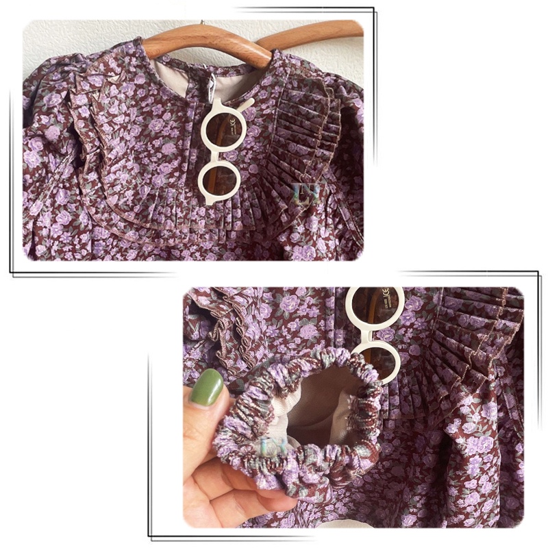 Setelan Dua Import Potong Lengan Panjang Balon Celana Pendek Untuk Anak Perempuan Girl Floral Bubble Sleeve Atasan Motif Bunga Musim Gugur Gaya Korea Kemeja Panjang Blouse