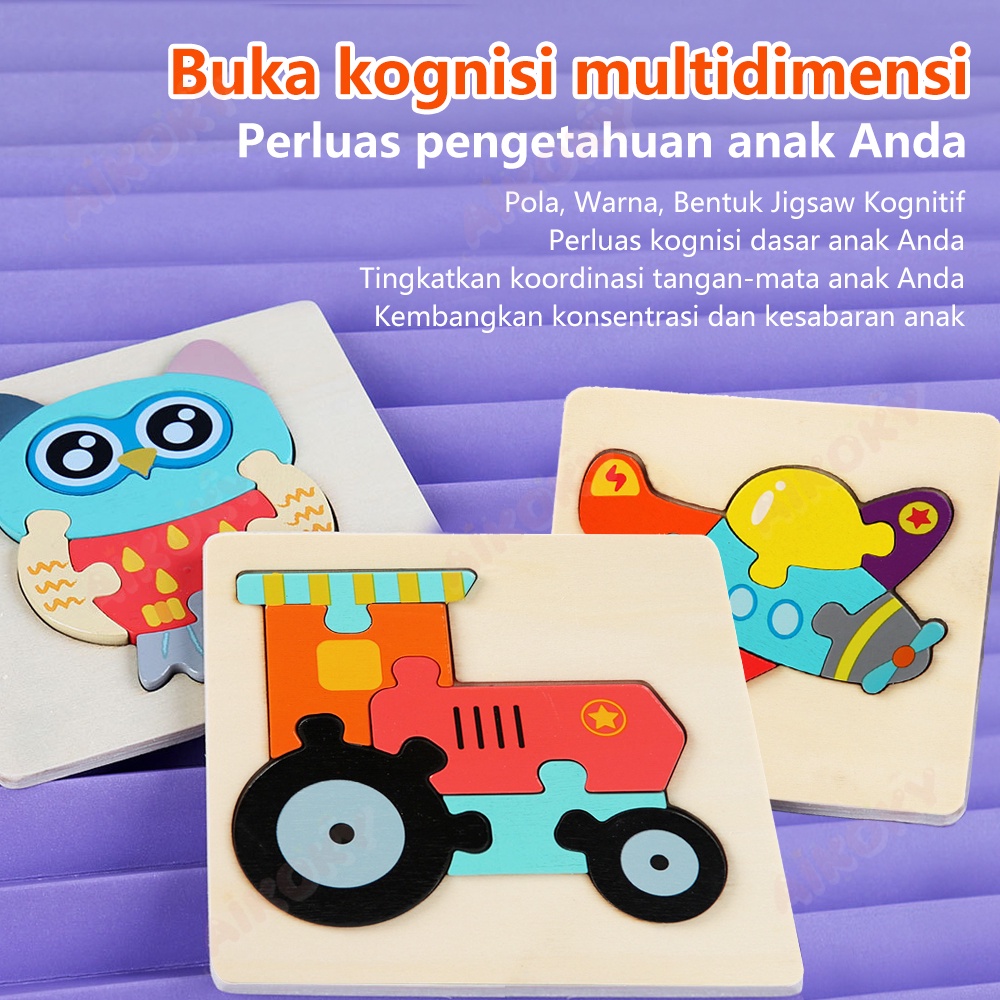 Aikoky Mainan puzzle 3d hewan wooden puzzle transportasi mainan edukasi anak