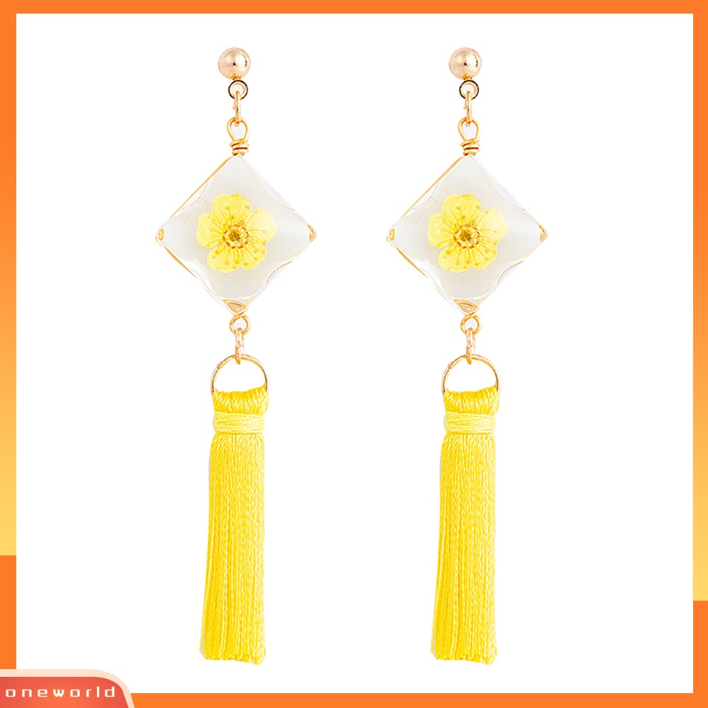 [WONE] Ethnic Square Daffodil Panjang Rumbai Menjuntai Ear Stud Earrings Wanita Perhiasan Hadiah