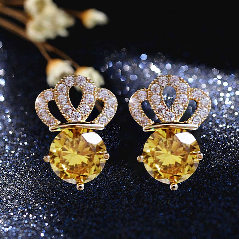 Anting Tusuk Mahkota Fashion Mewah Dengan Pink Kuning Untuk Wanita Anting Perempuan Halus Hadiah Gadis Pernikahan Tren Perhiasan