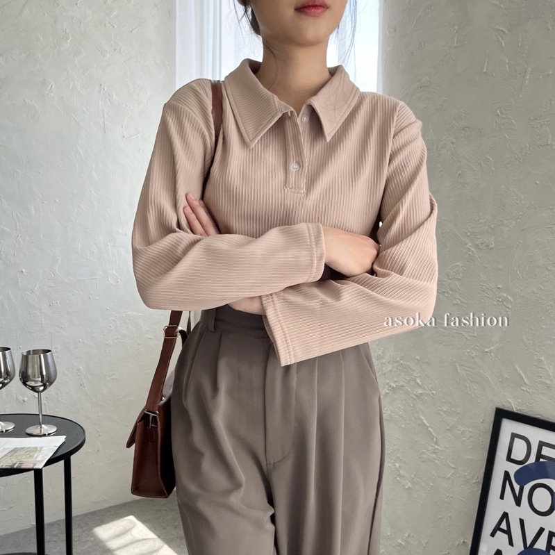 ASOKA Cerine Top 313 - Kaos Knitted Polo Shirt - Women Longsleeve - Strech T-shirt