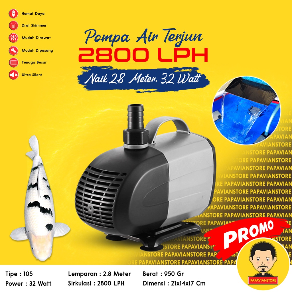 MESIN POMPA CELUP LOW WATT SUBMERSIBLE PUMP HIDROPONIK AQUARIUM KOLAM IKAN HIRO PRO HP 105 3000 LPH