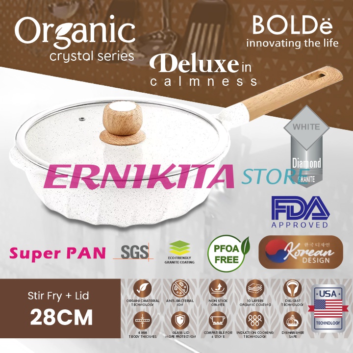 BOLDe ORGANIC WHITE CRYSTAL FRY PAN 24 28cm + LID - Wajan Anti Lengket