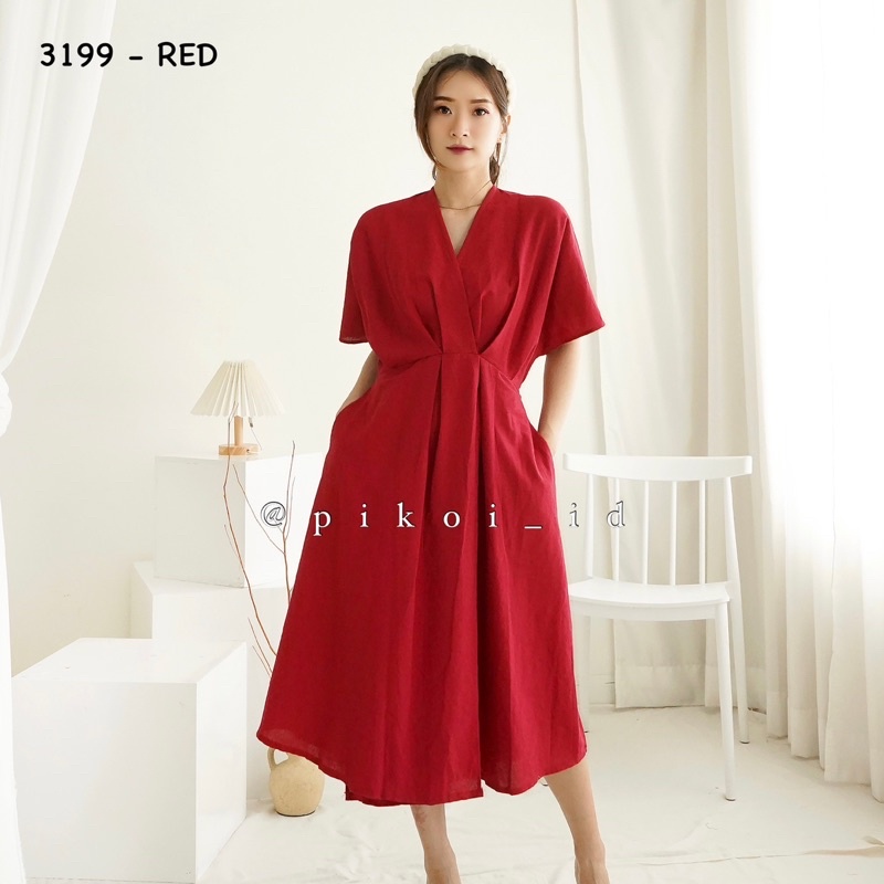 Dress natal merah imlek / dress wanita v neck lengan pendek / dress katun linen korea / 3199