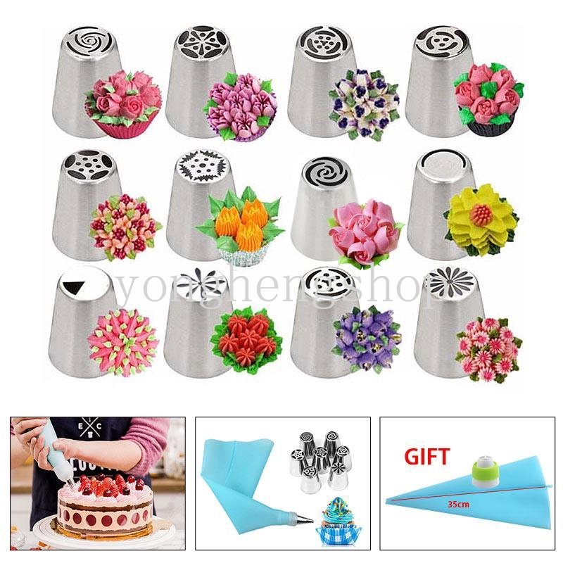 14pcs/set Stainless Steel Pastry Tips Fondant Dekorasi Kue Rusia Icing Piping Nozel Dengan Silikon Pastry Bag Dapur DIY Alat Baking