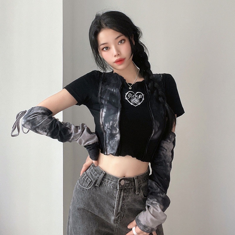 ✜✿Suhao 2022 Fashion Tampan Trendi Keren Tie-Dye T-shirt Wanita Lengan Lengan Rasa Desain Garis Pemisah Slim Fit kayu Sisi Telinga Jaket