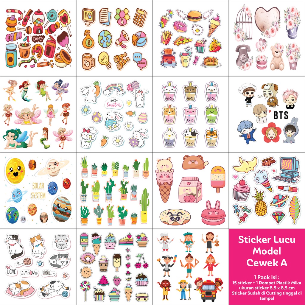

Sticker Lucu (isi 15 Lembar sudah di cuting sesuai bentuk + Bonus dompet Mika Plastik)