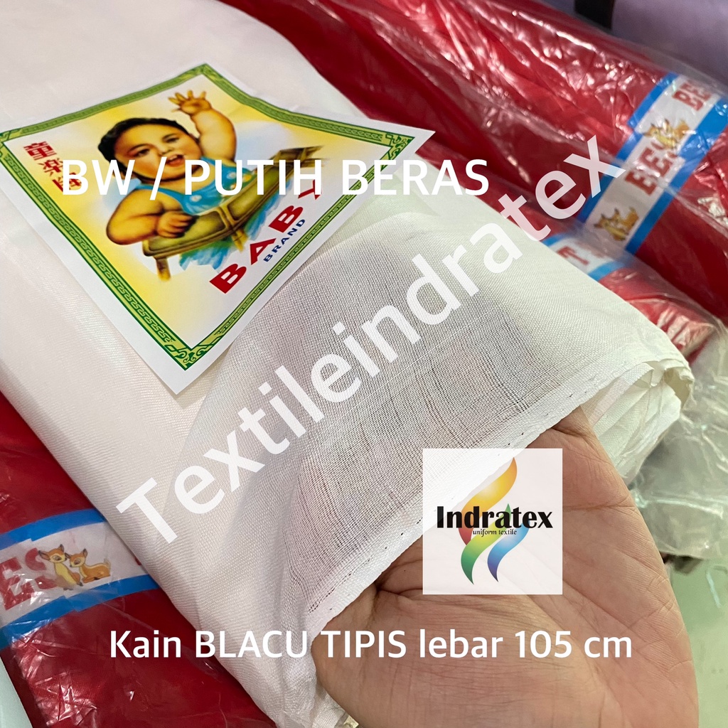 ( per setengah meter ) KAIN BELACU TIPIS cap BABY BLACU LEBAR 105 CM warna putih ECERAN BAHAN KANTONG SOVENIR LAPISAN FURNITURE