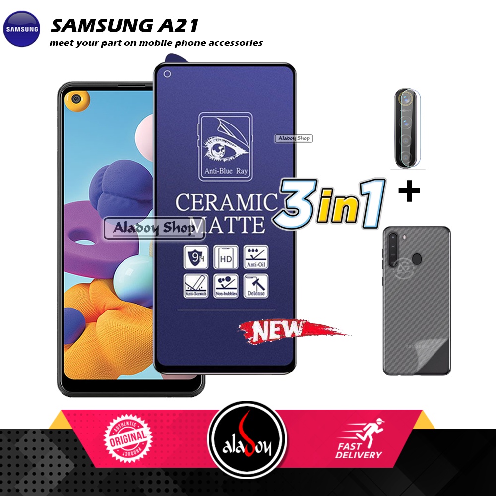 PAKET 3IN1 Anti Gores Blue Matte Anti Glare Samsung A21 + Tempered Glass Camera dan Skin Carbon