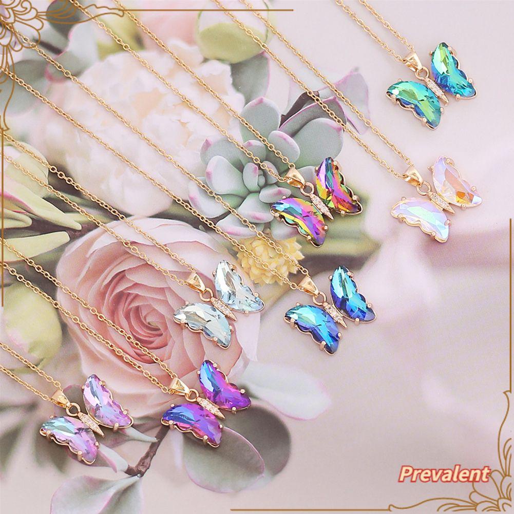 Preva Gradien Kupu-Kupu Kalung Hadiah Baru Klavikula Chokers Wanita Gadis Sweater Rantai Warna-Warni Kristal Kupu-Kupu