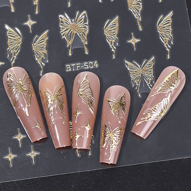 Laser Emas Perak Kupu-Kupu Stiker Kuku Hologram Berongga 3D Kupu-Kupu Kuku Sliders Dekorasi Musim Semi Musim Panas Manicure Art Design