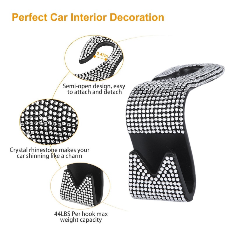 2pcs Car Vehicle Organizer Universal Car Seat Back Hooks Berlian Berkilauan Car Hanging Hook Serbaguna Penyimpanan Handbag Braket Gantung Kuat Beban-bearing Otomotif Hook