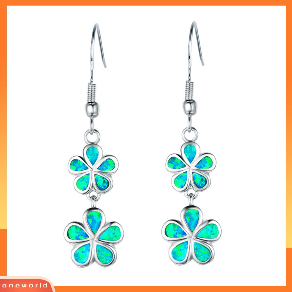 [WONE] Fashion Wanita Faux Opal Hias Bunga Panjang Menjuntai Ear Hook Earrings Perhiasan
