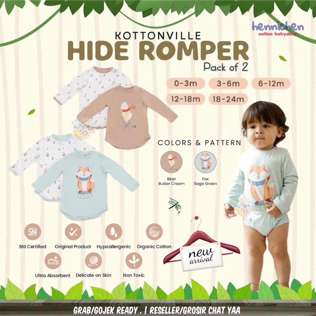KOTTONVILLE HIDE ROMPER BAJU SETELAN ANAK BAYI ESSENTIALS HIDE ROMPER ISI 2 SIZE 0-2 TAHUN UNISEX