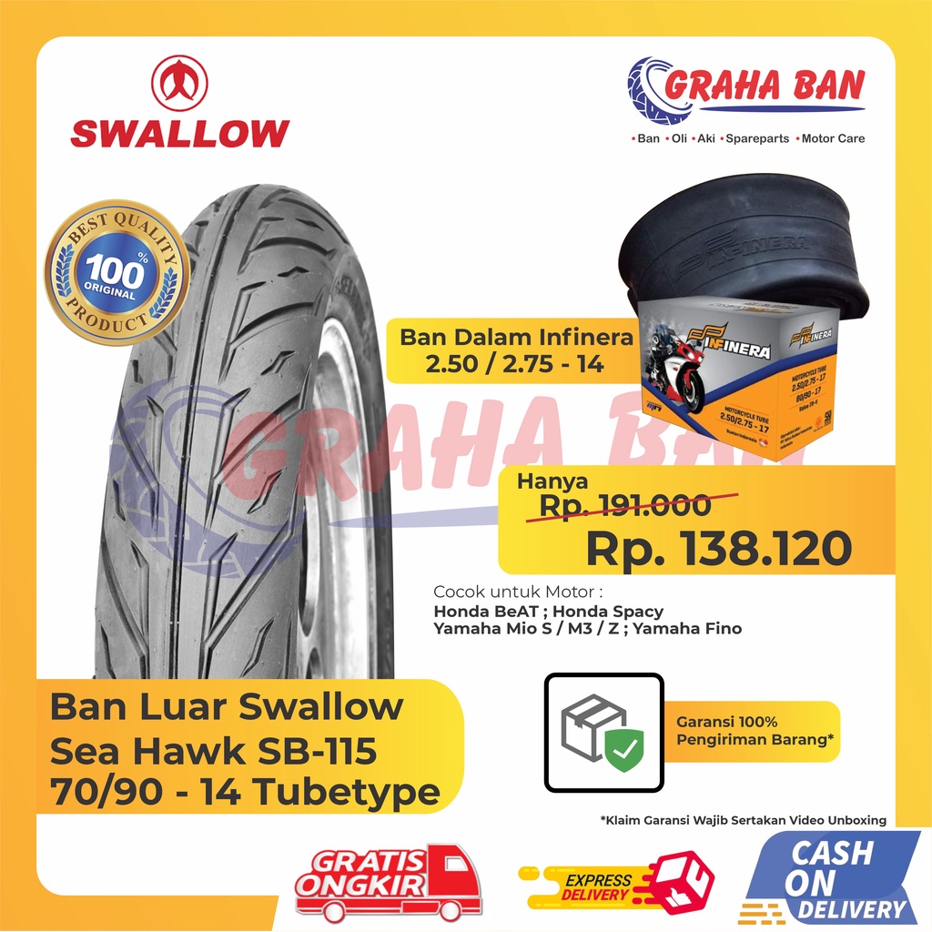 BUNDLING BAN MOTOR TUBETYPE (NON TUBELESS) SWALLOW SEA HAWK SB-115 RING 14 + BAN DALAM INFINERA / BA