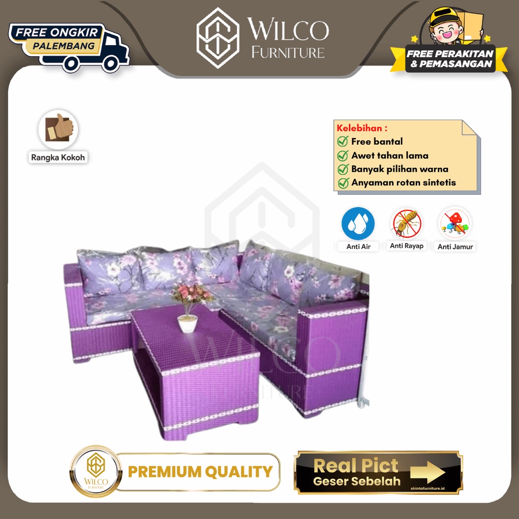Sofa Ruang Tamu Rotan Sintetis / Sofa L Sudut Bunga Ungu Palembang