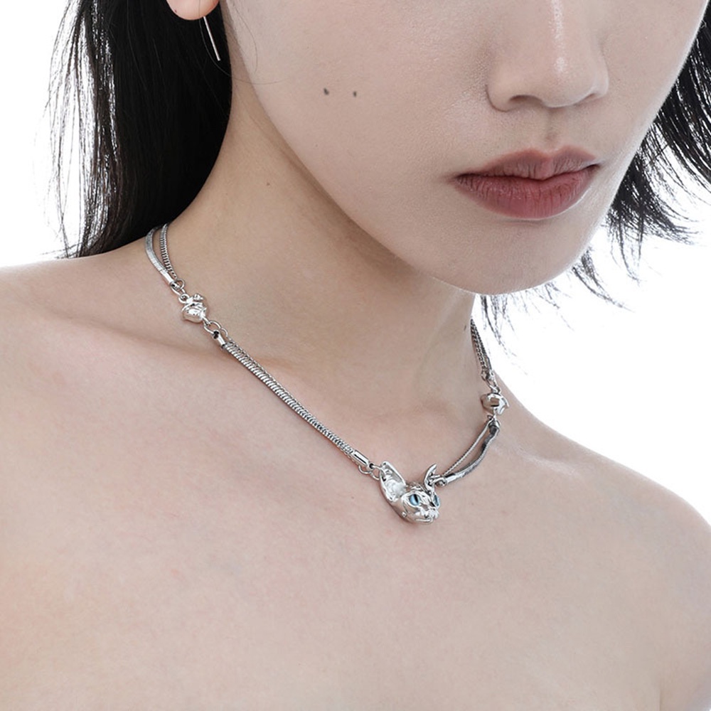 Kalung Rantai Ganda Liontin Kepala Kucing Y2k Gaya Hip Hop Silver Untuk Wanita Aksesoris Perempuan