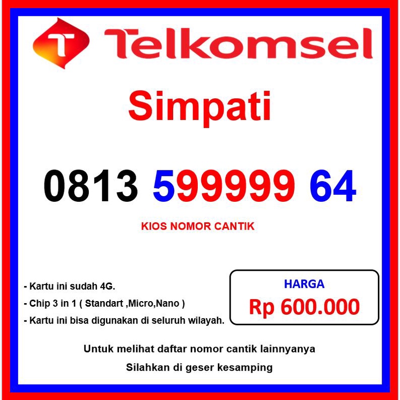 nomor cantik simpati 99999 kartu perdana telkomsel nomer cantik seri panca 0813 599999 65 4g lte lim