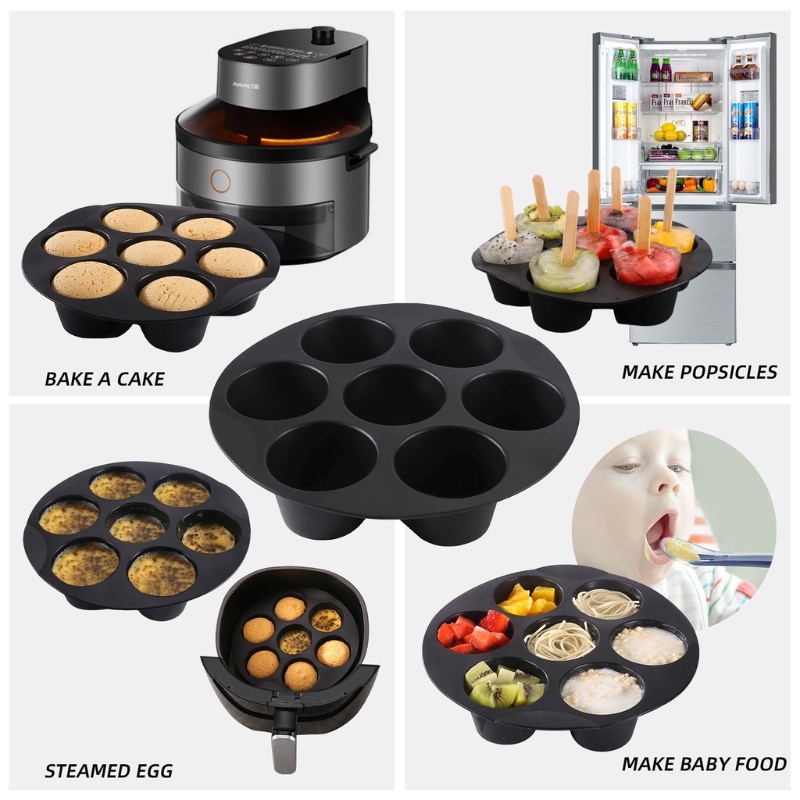 7per8 Inci Food Grade Silikon Anti Lengket Reusable Untuk Pastry Microwave Oven Baking Tray Pot Muffin Kue Cup Mold Baking 7lubang Bulat Air Fryer Dapur Microwave Oven Alat Masak