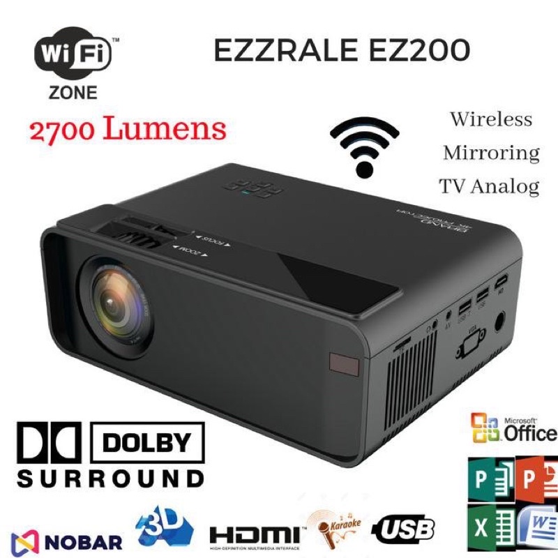 Ezzrale EZ200 mini Wireless Projector proyektor TV Tunner 2700 Lumens - Hitam