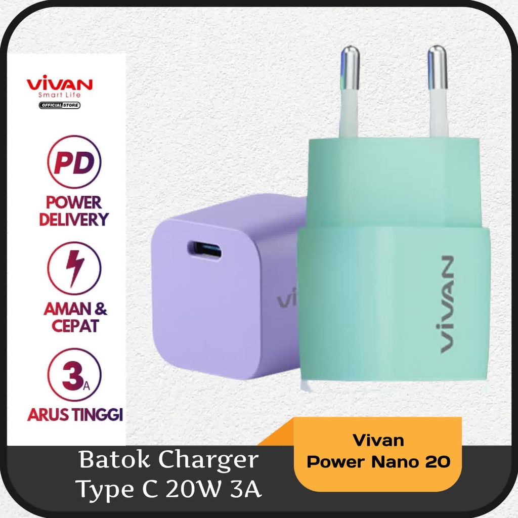 Batok Charger Type C Vivan Power Nano 20  20W Output 3A Fast charging