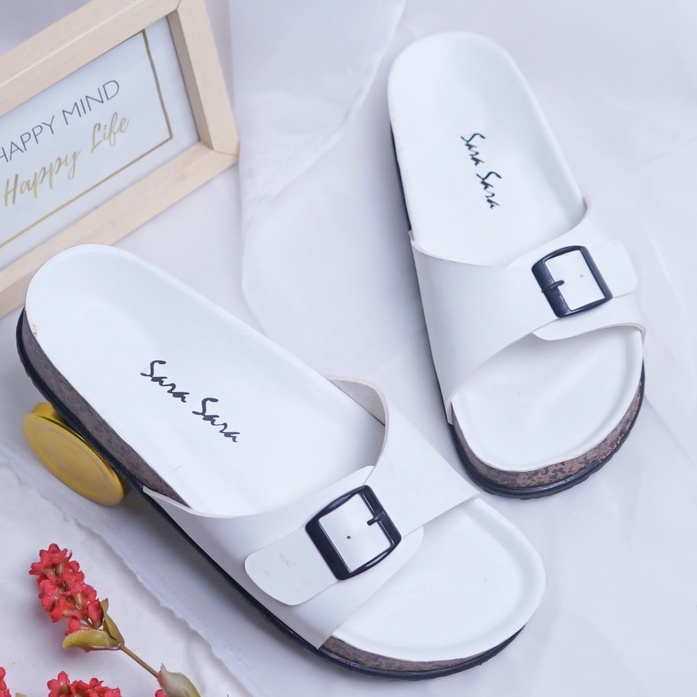 SARASARA YUK - BILLY Sandal Wanita Casual Model Slop Birken Sol Puyuh SARA SARA Sendal Cewek Sol Kulit Santai Singgle Strap Rumahan Gesper Empuk Ringan Size 36 37 38 39 40 Warna White Putih Selop Anti Slip Original Terbaru Shoes ORI Mall Official Store