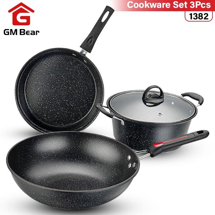 GM Bear Wajan Panci Set 3 pcs Marble Coating 1382 - Blaze Wajan Set