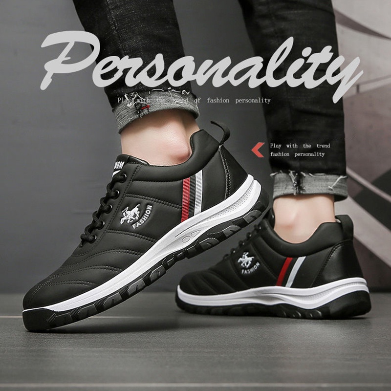 Mainland Sepatu Sneakers Pria Hitam Fashion Sport Bahan PU Daily Shoes Outdoor MC424