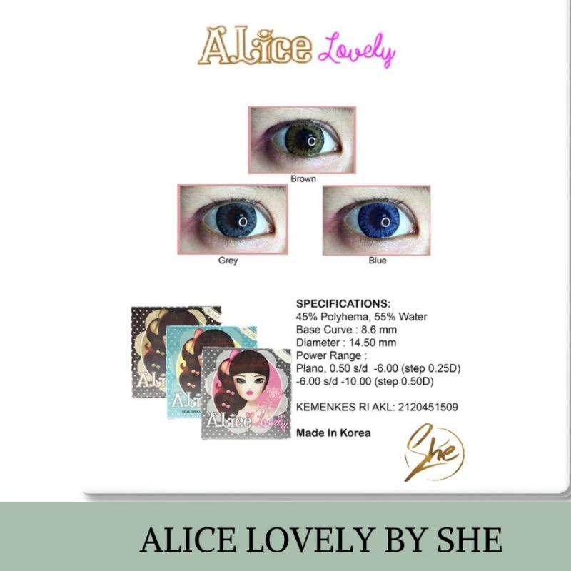 Softlens Alice Lovely Twinkle Hot -3.50 -3.75 -3.25 Minus 3.50 Warna Blue Brown Grey Gray by She Sof