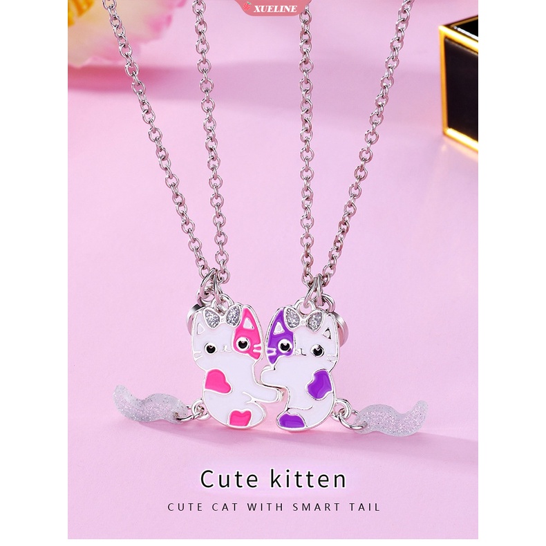 2 Pcs Paket Lucu Kartun Kucing Berbentuk Liontin Rantai Sahabat Kalung BFF Persahabatan Anak Perhiasan Hadiah Untuk Perempuan [ZXL]