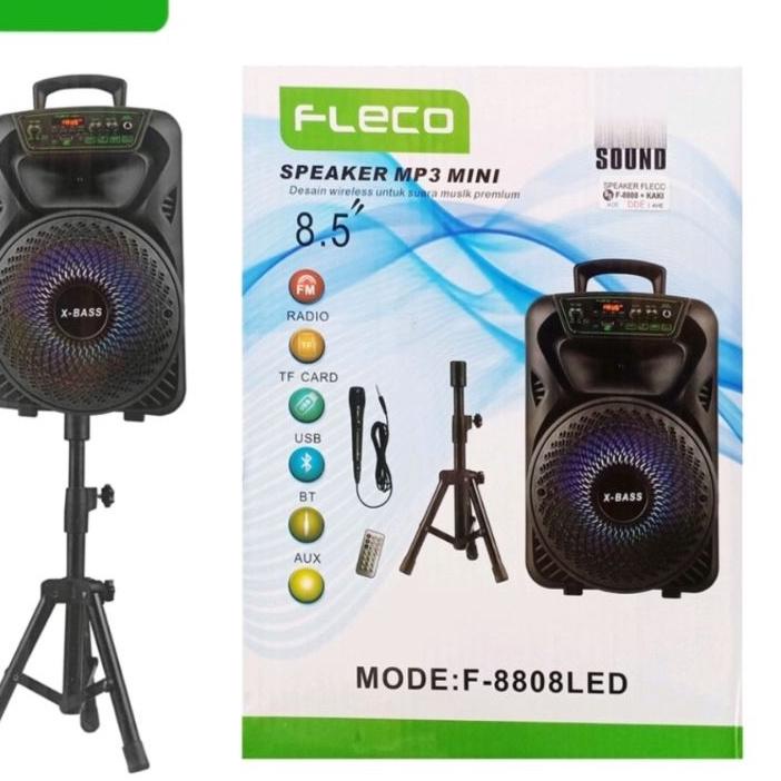 Promo (COD) SPEAKER BLUETOOTH FLECO F-8805/F-8807/F-8808/F-8863 LED 8.5 INCH X-BASS FREE STAND & MIC