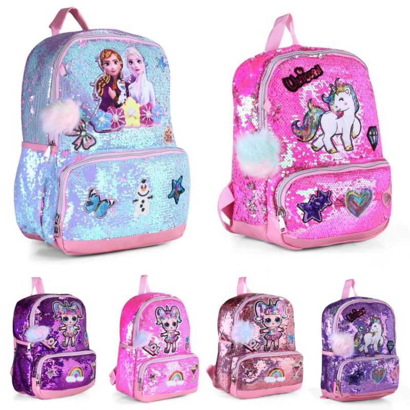 Tas Anak Sekolah TK SD / Tas Ransel Sequin Unicorn LOL Frozen/Tas Sequin Unicorn LOL LED