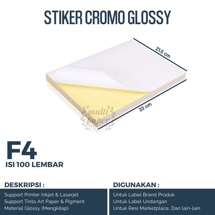 

Kertas Sticker Chromo Glossy F4 isi 100 lembar / Kertas Stiker Glossy