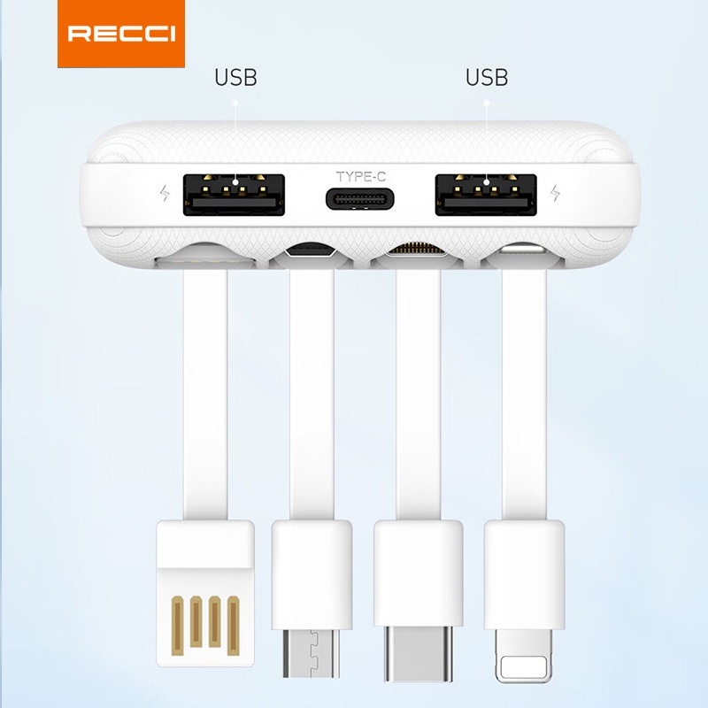 RECCI RP01 - 10000mAh Powerbank - 4 Built-in Cables - Fast Charge 2.1A