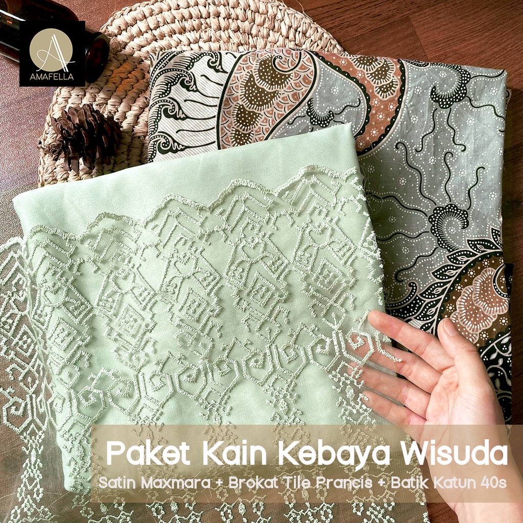 Paket Kain Kebaya Wisuda Seragaman Premium Bridesmaid Lamaran Keluarga Lengkap Satin Brokat Batik Warna Olive Green / Sage