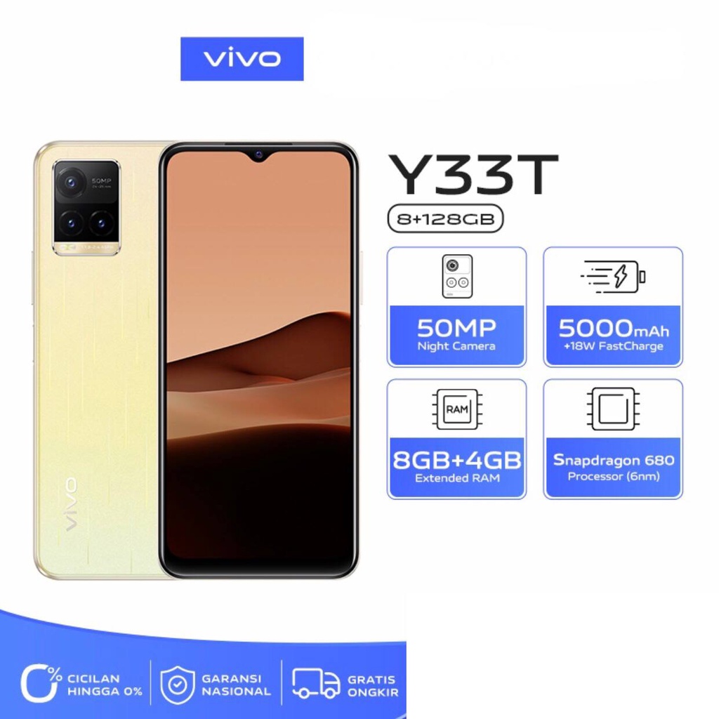 Vivo Y33T | 8GB+128GB |Snapdragon 640 | 50MP Triple Camera | 6.58&quot; IPS LCD | Li-Po 5000mAh | Garansi Resmi Vivo 1 Tahun