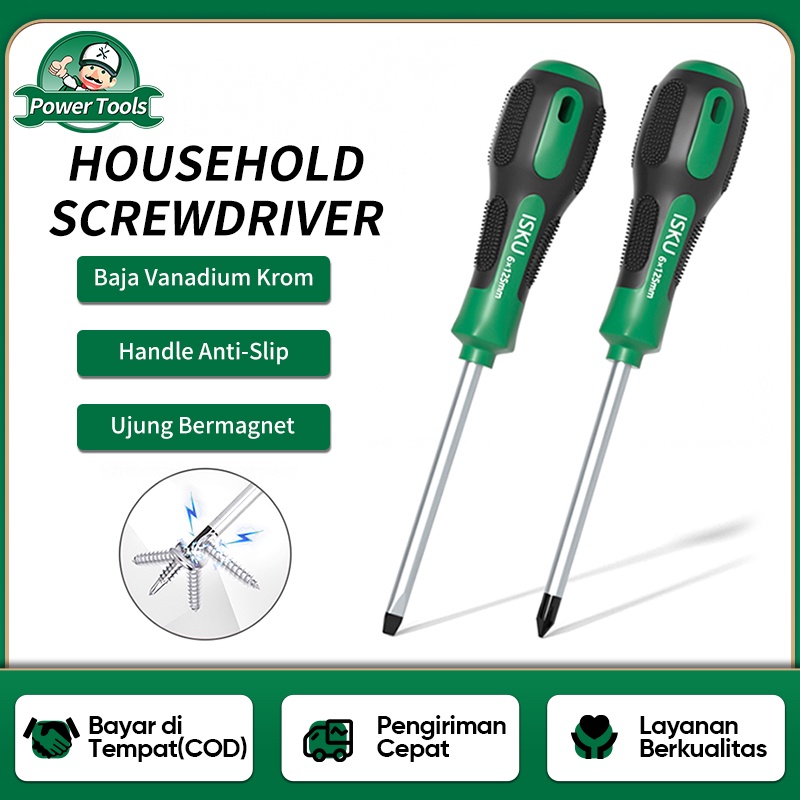 ISKU Obeng Set/Screwdriver Set 2pcs (+)(-) Tip Magnetik Chrome Vanadium Rubber Handle Obeng Set Perbaikan Alat Rumah Tangga