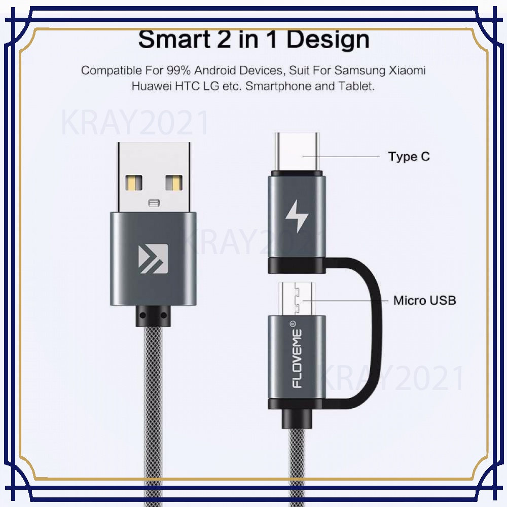 Kabel Charger 2 in 1 Micro USB+USB Type C 100 cm -CV032