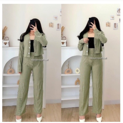 Set Casey Premium Knit RIB (Cardi+Pants) / Setelan Wanita Crop dan Celana Kulot