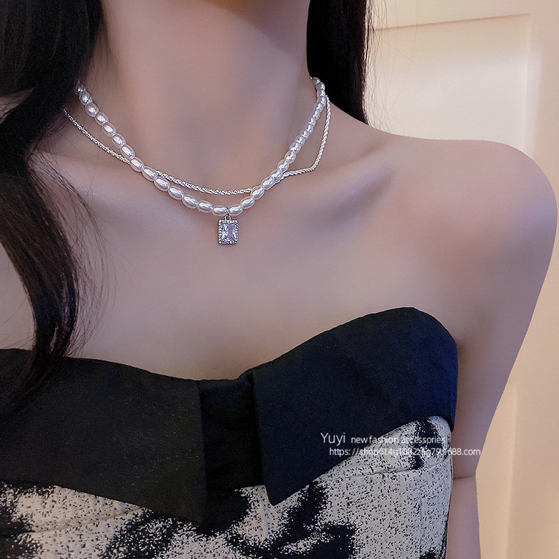 Mutiara Ganda Zirkon Kalung Lady Fashion High-end Rasa Temperamen Serbaguna Rantai Klavikula