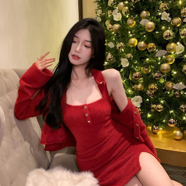 Suhao Musim Dingin Baru Gaun Merah Natal wanita One-piece Suit Halter Neck Slim Slim Sweter Gaun Kardigan Mantel Pendek